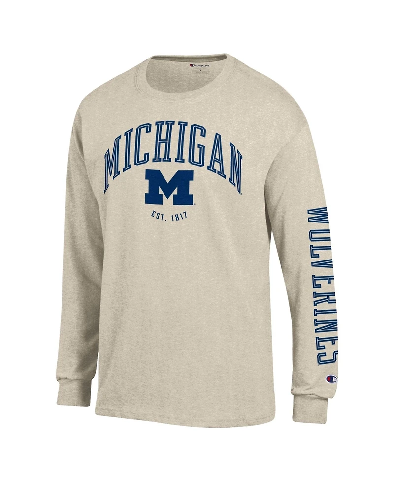 Champion Men's Heather Oatmeal Michigan Wolverines Neutral Arch Long-Sleeve T-Shirt
