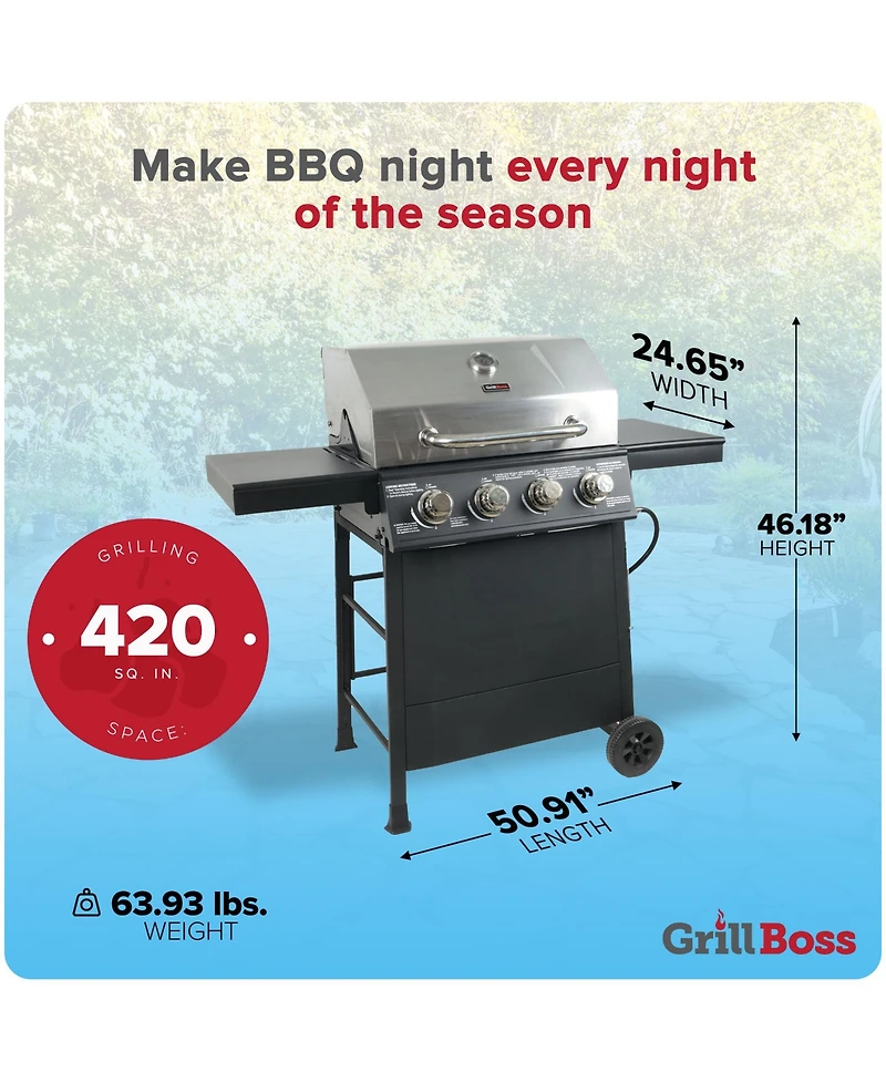 Grill Boss 4-Burner Outdoor Propane Gas Grill with Side Shelves and Wheels, Black