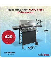 Grill Boss 4-Burner Outdoor Propane Gas Grill with Side Shelves and Wheels, Black