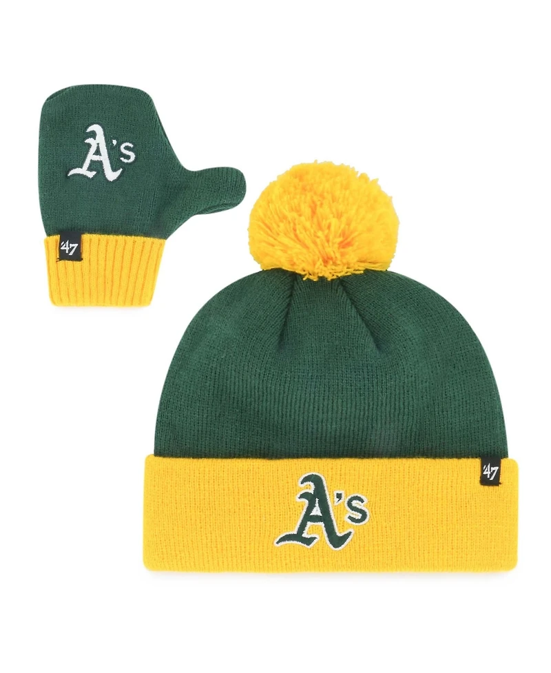 '47 Brand Toddler Green Athletics Bam Bam Cuffed Knit Pom Mittens Set Hat
