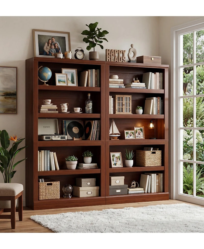 Aheaplus 71" Tall Wood 5-Tier Bookcase with Adjustable Shelves and Open Storage