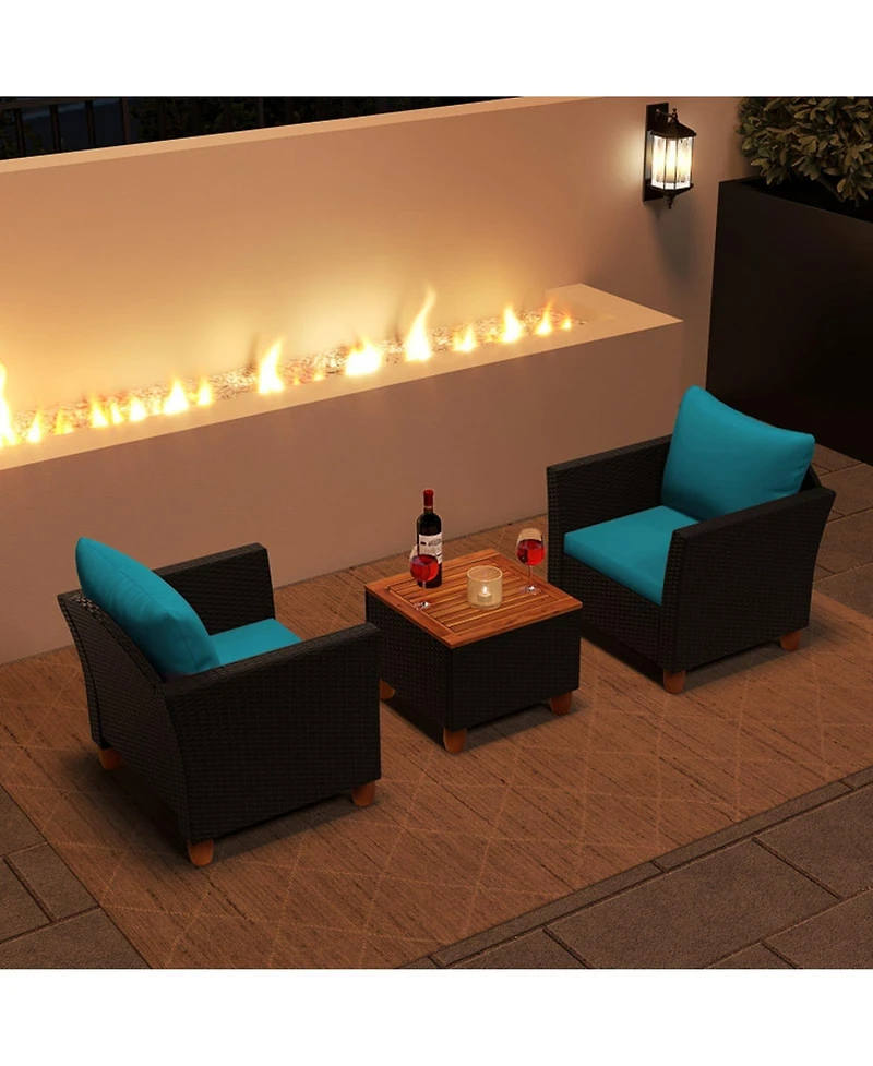 Gouun 3 Piece Outdoor Wicker Conversation Set with Acacia Wood Storage Coffee Table