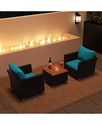 Gouun 3 Piece Outdoor Wicker Conversation Set with Acacia Wood Storage Coffee Table