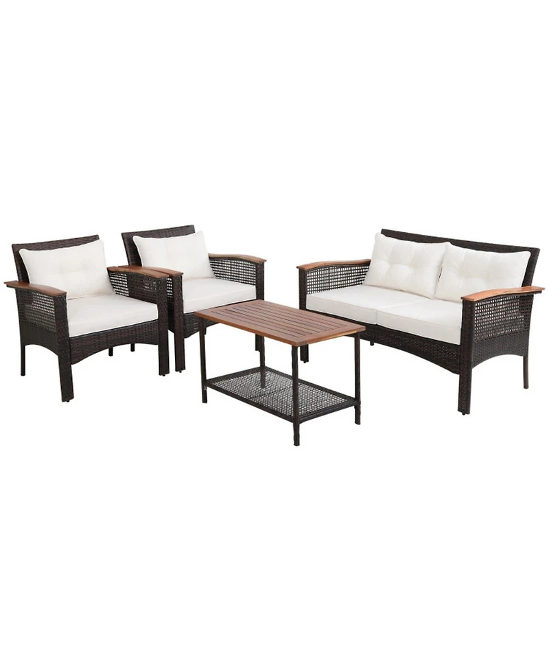 Gouun 4 Piece Outdoor Rattan Conversation Set with Acacia Wood Table, Loveseat and 2 Armchairs