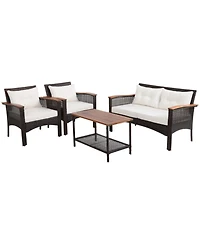 Gouun 4 Piece Outdoor Rattan Conversation Set with Acacia Wood Table, Loveseat and 2 Armchairs