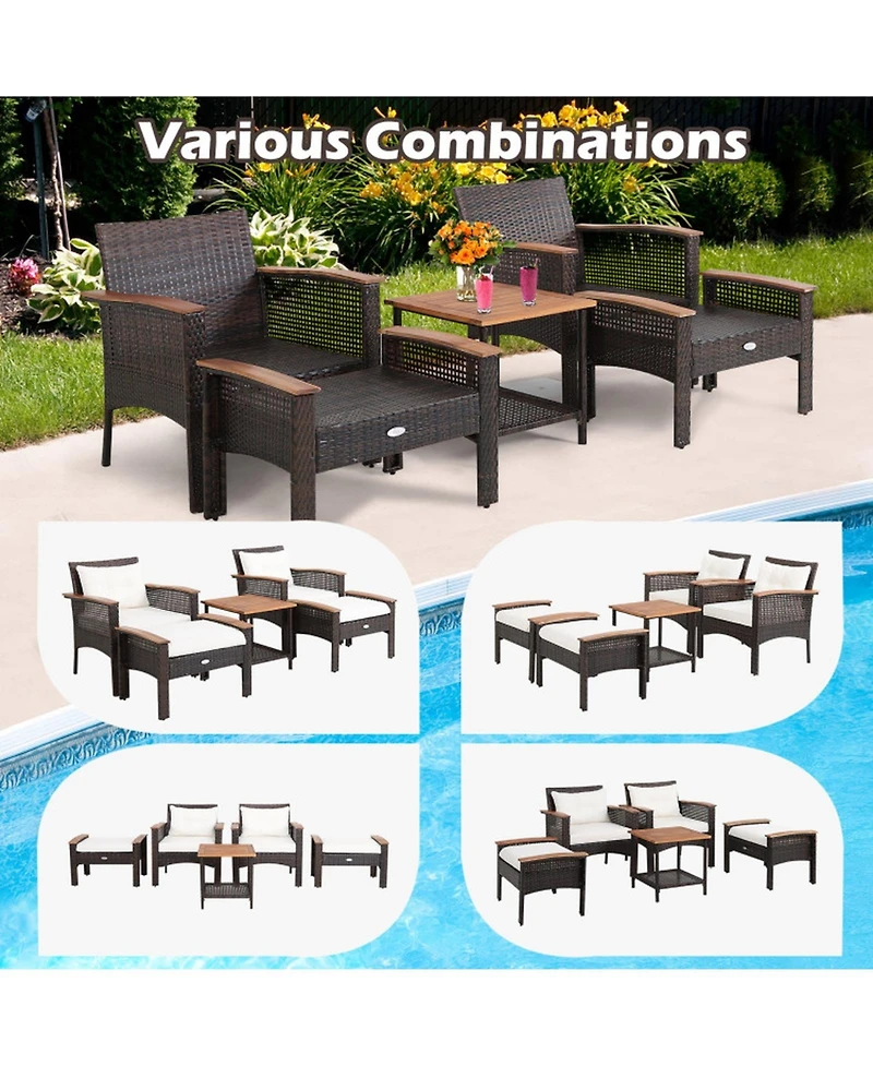 Gouun 5 Piece Outdoor Rattan Conversation Set with Acacia Wood Table, 2 Armchairs and 2 Ottomans