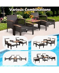 Gouun 5 Piece Outdoor Rattan Conversation Set with Acacia Wood Table, 2 Armchairs and 2 Ottomans