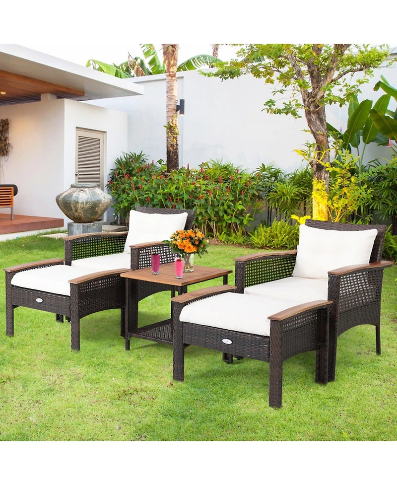 Gouun 5 Piece Outdoor Rattan Conversation Set with Acacia Wood Table, 2 Armchairs and 2 Ottomans