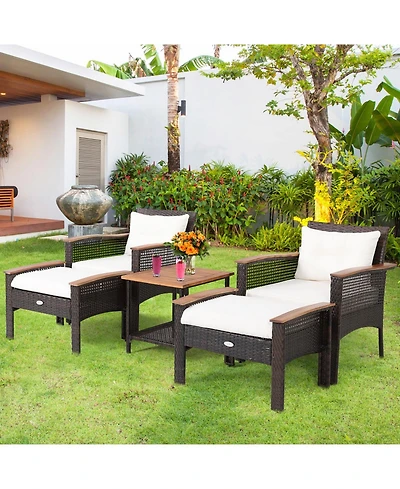 Gouun 5 Piece Outdoor Rattan Conversation Set with Acacia Wood Table, 2 Armchairs and 2 Ottomans