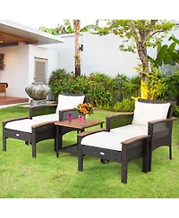 Gouun 5 Piece Outdoor Rattan Conversation Set with Acacia Wood Table, 2 Armchairs and 2 Ottomans