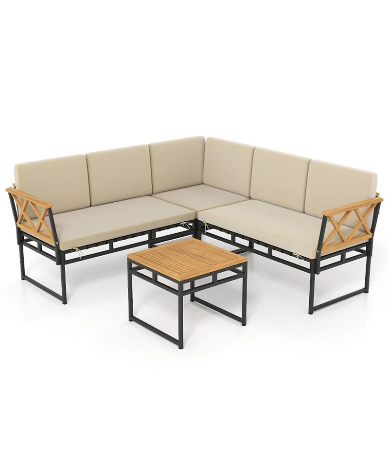 Gouun 4-Piece Outdoor Patio L-Shaped Sectional Sofa Conversation Set with Acacia Wood Side Table