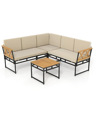 Gouun 4-Piece Outdoor Patio L-Shaped Sectional Sofa Conversation Set with Acacia Wood Side Table