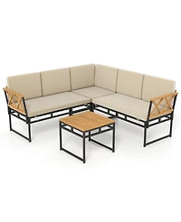 Gouun 4-Piece Outdoor Patio L-Shaped Sectional Sofa Conversation Set with Acacia Wood Side Table