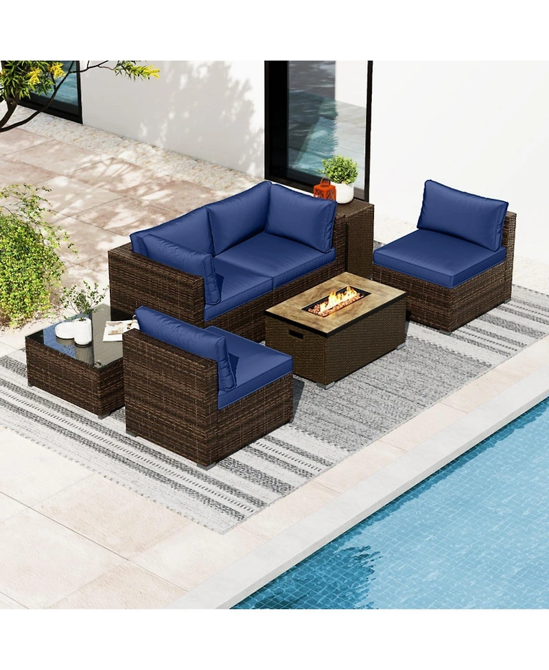 Gouun 7 Piece Outdoor Furniture Set with 32 in Propane Fire Pit Table, Tank Cover and Pe Wicker Sofas
