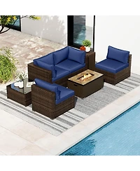 Gouun 7 Piece Outdoor Furniture Set with 32 in Propane Fire Pit Table, Tank Cover and Pe Wicker Sofas