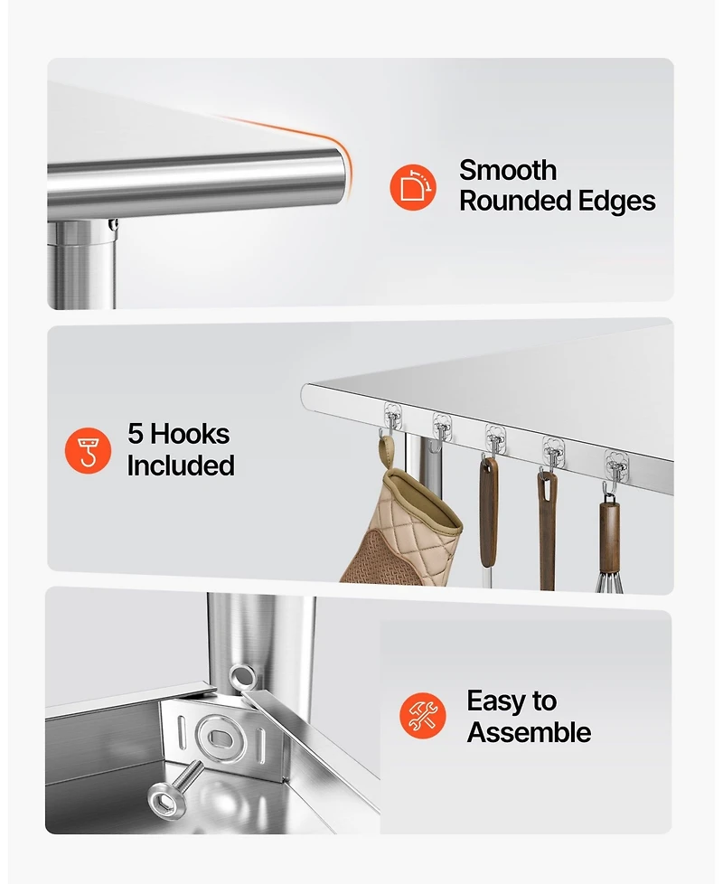 Hongge 48 in Stainless Steel Food Prep Table with Utility Hooks