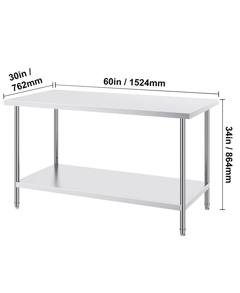 Hongge Extra Wide 30 x 60 in Stainless Steel Workstation Table Rated for 910 lbs with 3 Adjustable Height Levels