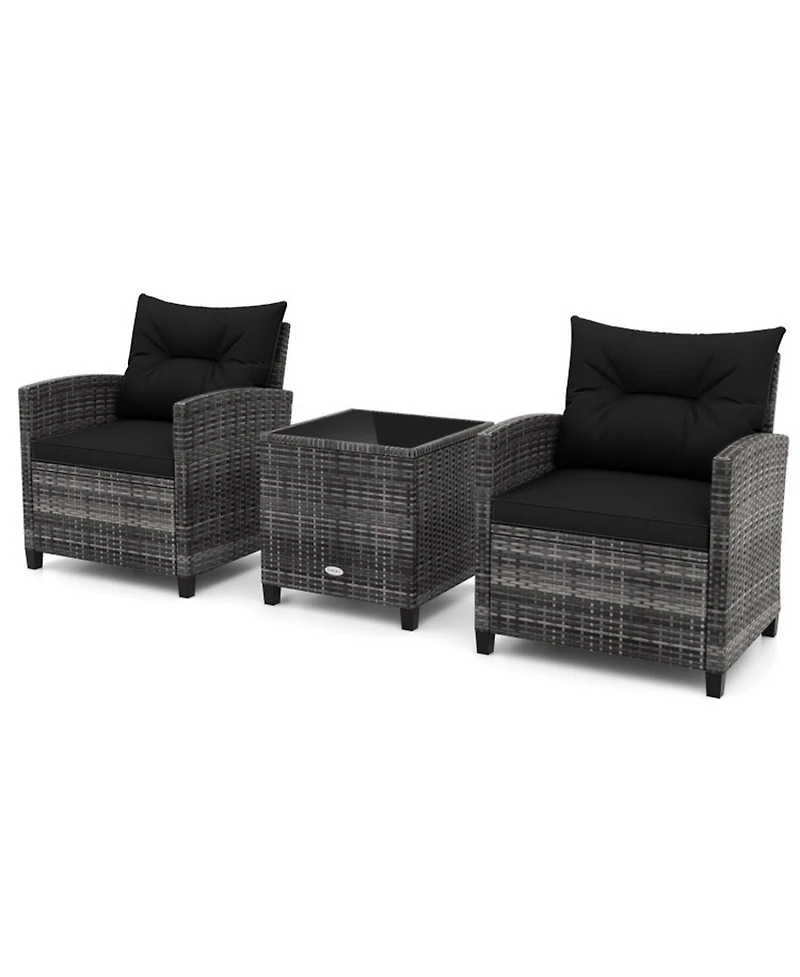 Gouun 3-Piece Outdoor Pe Rattan Conversation Set with Tempered Glass Table