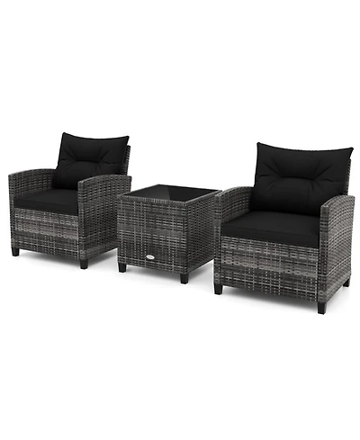 Gouun 3-Piece Outdoor Pe Rattan Conversation Set with Tempered Glass Table