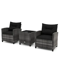 Gouun 3-Piece Outdoor Pe Rattan Conversation Set with Tempered Glass Table