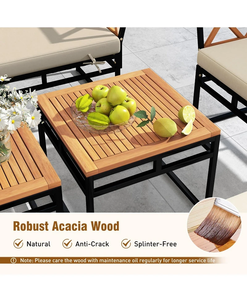 Gouun 7 Piece Outdoor Patio Conversation Set with Bungee Rope Seats, Acacia Wood Accents and Cushions