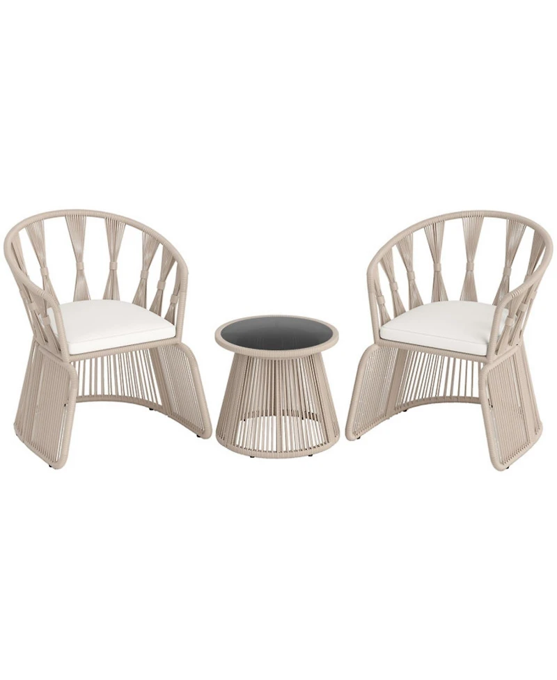 Gouun 3 Piece Outdoor Patio Furniture Set with Rope-Woven Armchairs, Cushions and Round Glass Side Table