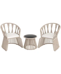 Gouun 3 Piece Outdoor Patio Furniture Set with Rope-Woven Armchairs, Cushions and Round Glass Side Table