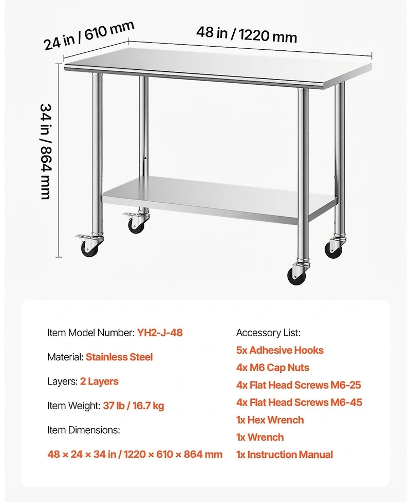 Hongge Mobile Stainless Steel Food Prep Table with Lockable Casters