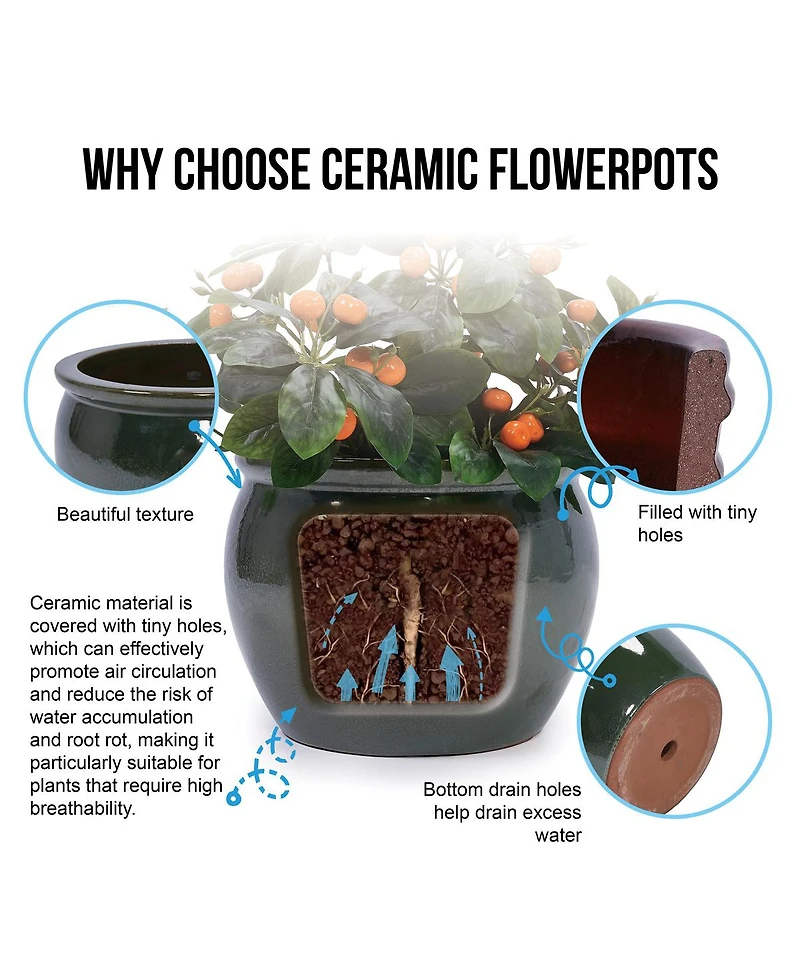 Yobtop Handmade Ceramic Planter Set - 15/12/9 Inch Succulent Herb Pots, Glossy Finish, Drainage Holes, Indoor Outdoor Decor