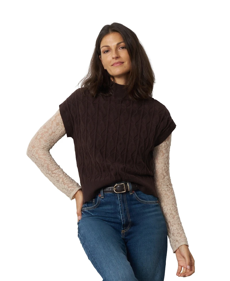 Cable & Gauge Women's Leaf Sleeveless Mock Neck Sweater
