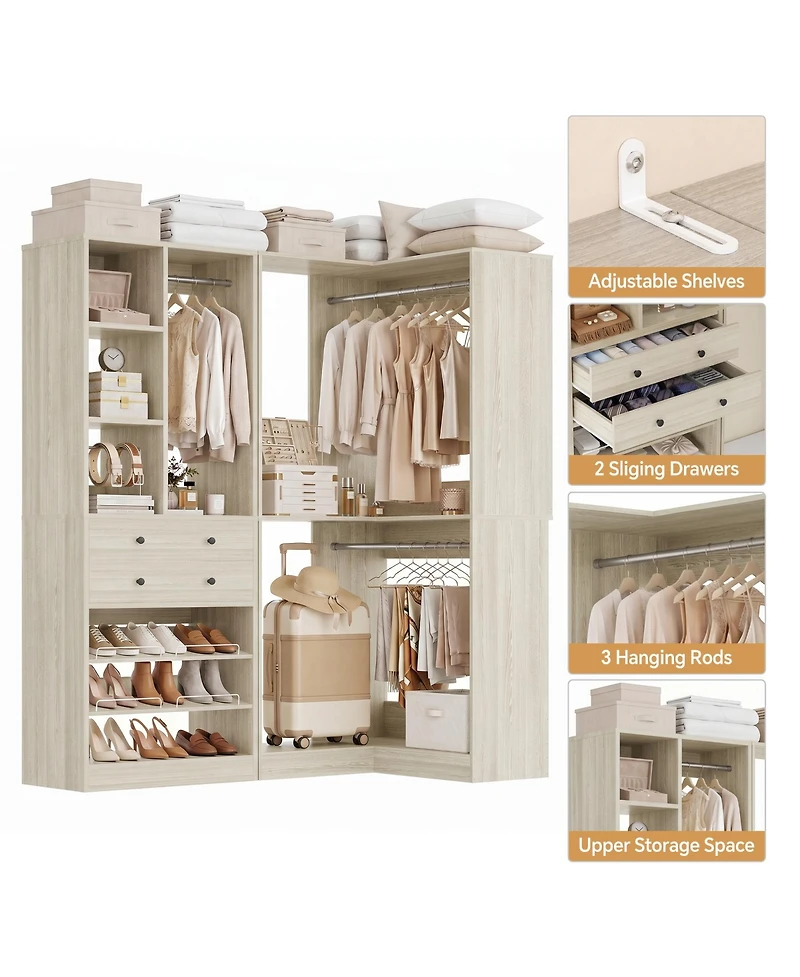 Aheaplus Corner Closet Organizer System Set with 2 Drawers and 3 Hanging Rods