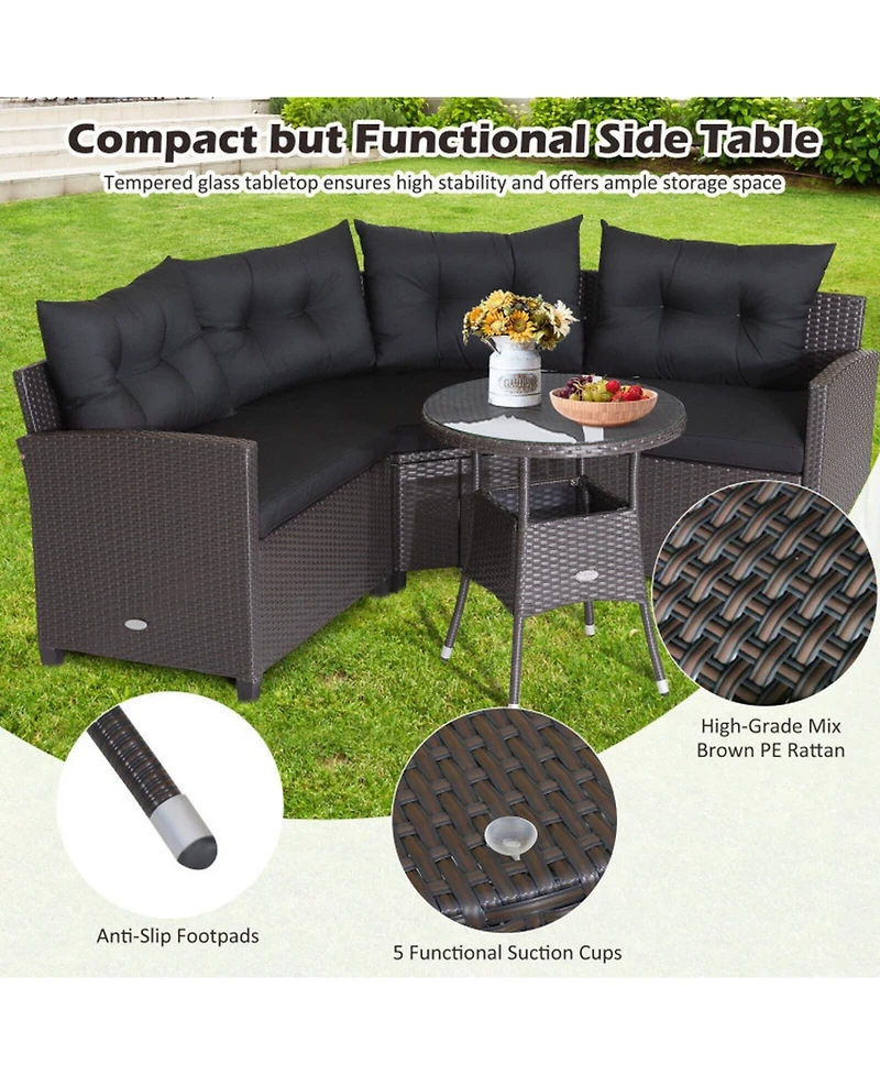 Gouun 4 Piece Outdoor Rattan Conversation Set with Round Glass Coffee Table and 3 Connected Sofas