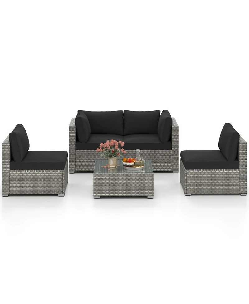 Gouun 5-Piece Outdoor Pe Rattan Patio Sectional Conversation Set with Tempered Glass Coffee Table