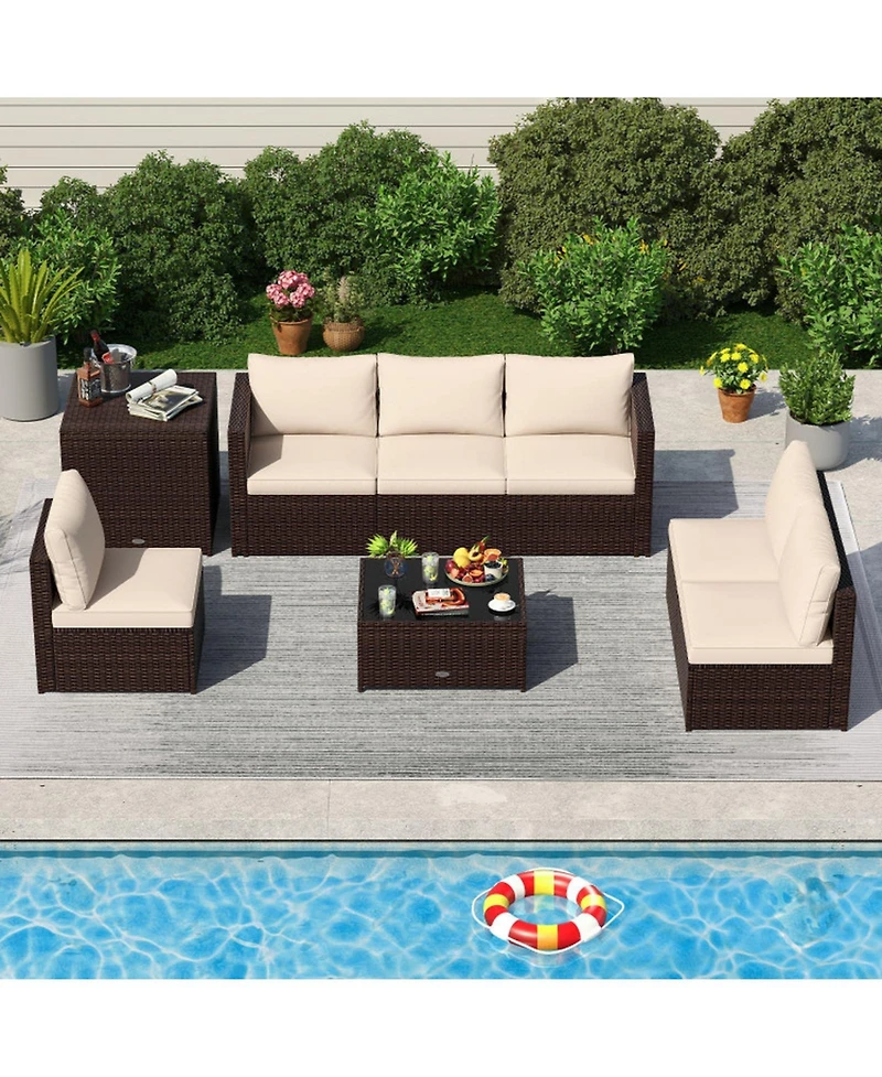 Gouun 8-Piece Outdoor Pe Rattan Patio Conversation Set with 50-Gallon Storage Box and Glass Coffee Table