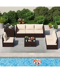 Gouun 8-Piece Outdoor Pe Rattan Patio Conversation Set with 50-Gallon Storage Box and Glass Coffee Table