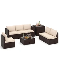 Gouun 8-Piece Outdoor Pe Rattan Patio Conversation Set with 50-Gallon Storage Box and Glass Coffee Table