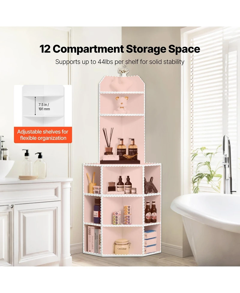 Sugift 64 Inch Tall 6-Tier Corner Storage Cabinet with 2 Usb Ports 2 Outlets and Adjustable Shelves