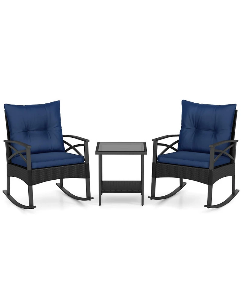Gouun 3-Piece Outdoor Rattan Rocking Chair Set with 2-Tier Side Table