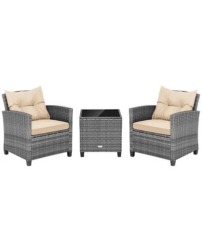 Gouun 3-Piece Outdoor Wicker Conversation Set with Tempered Glass Coffee Table