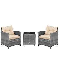 Gouun 3-Piece Outdoor Wicker Conversation Set with Tempered Glass Coffee Table
