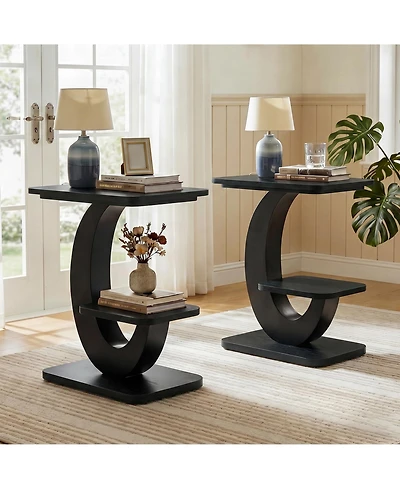 Tribesigns Side Table Set of 2, 2-Tier Narrow End Table, Industrial Wooden with Metal Arc-Shaped Frame