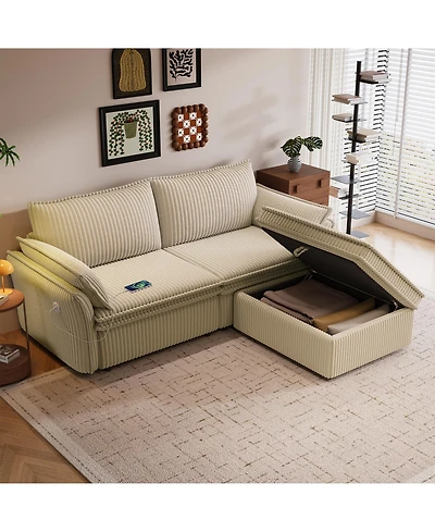 Lucky One 85" Convertible Sleeper Sofa Bed, 2-in-1 Plush Pull Out Couch with Storage Ottoman, Hidden Storage, Usb Charging Ports, 2 Pillows