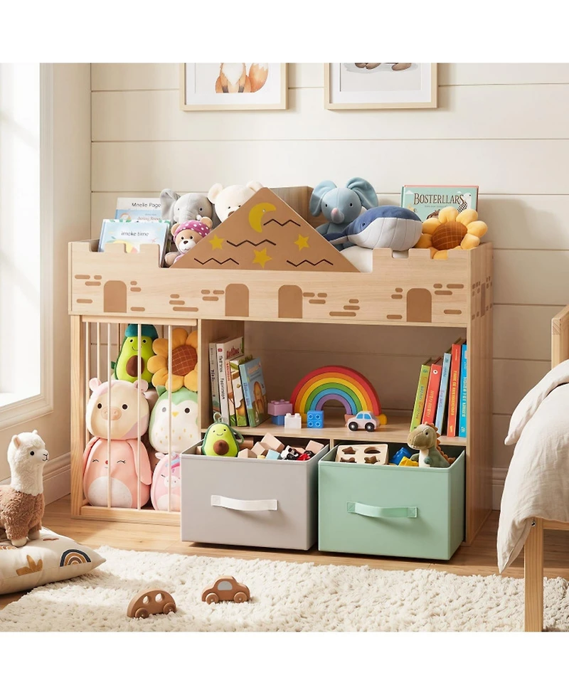 Sugift 4-in-1 Toy Storage Organizer with Stuffed Animal Storage Open Shelves and 2 Fabric Drawers