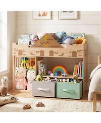 Sugift 4-in-1 Toy Storage Organizer with Stuffed Animal Storage Open Shelves and 2 Fabric Drawers