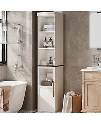 homfan Tall Bathroom Cabinet with Glass Door and Open Shelves, Narrow Storage Cabinet for Bathroom, Living Room, Kitchen