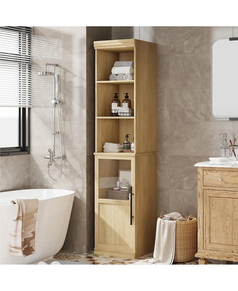 homfan Tall Bathroom Cabinet with Glass Door and Open Shelves, Narrow Storage for Bathroom, Living Room, Kitchen