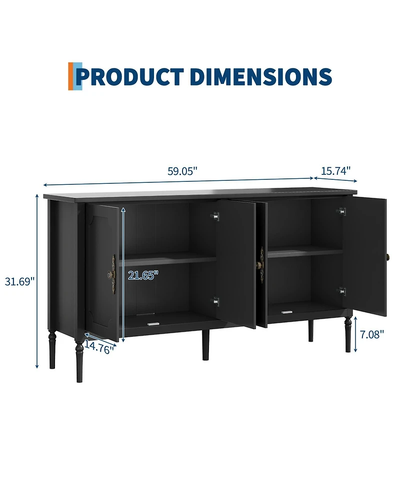 homfan 59 Inch Wooden Sideboard Buffet Cabinet 4 Doors, Adjustable Shelves, Spacious Storage Coffee Bar Credenza