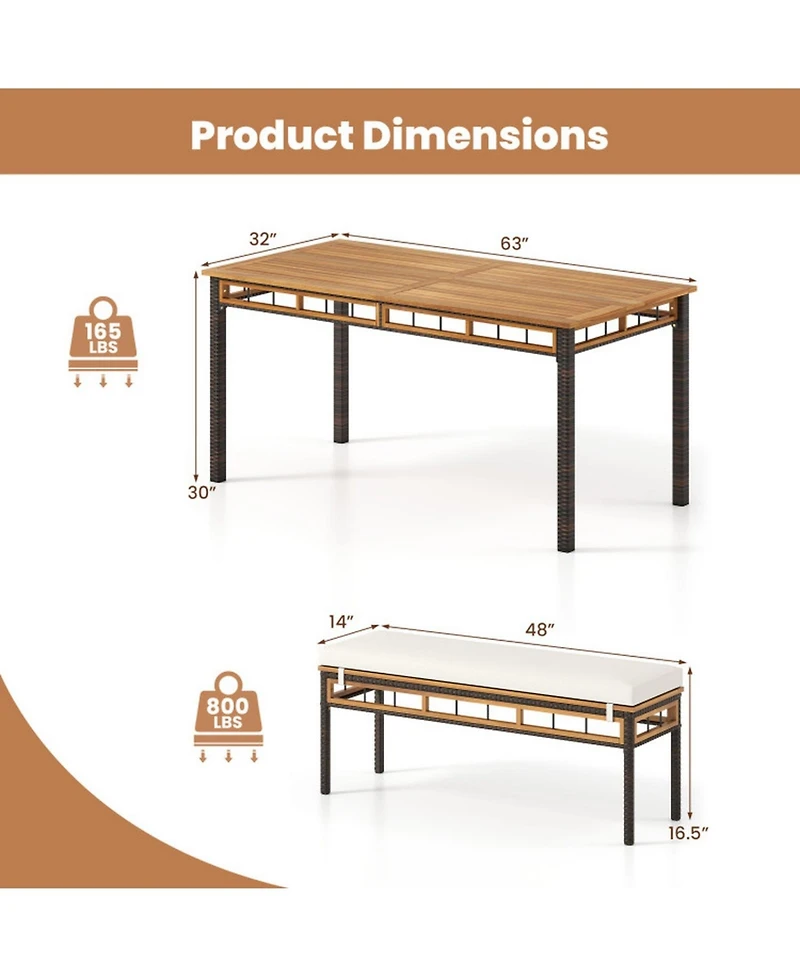 Gouun 3-Piece Acacia Wood Patio Dining Set with Pe Rattan Benches for Deck and Backyard