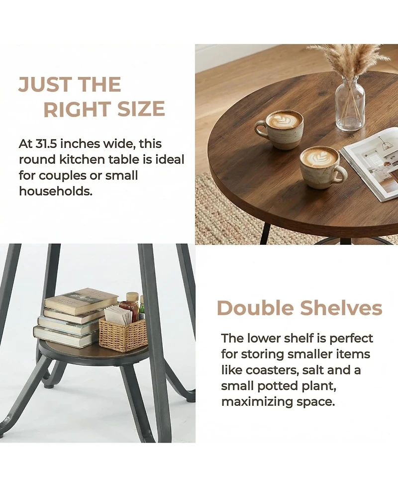 Tribesigns 31.5" Round Dining Table for 2-4: Compact wood table with double shelves. Farmhouse kitchen table for dining room, small space