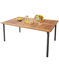 Gouun 7 Piece Outdoor Wicker Dining Set with 63 in Acacia Wood Table, Umbrella Hole and 6 Cushioned Chairs